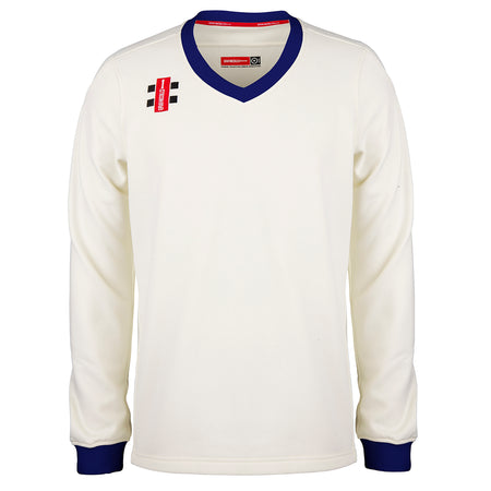 The Gray Nicolls Arcadians Nine Elms CC Pro Performance Sweater features long sleeves, an off-white design with a blue V-neck collar and cuffs, red labels, and a small black logo—perfect for cricket fans of Nine Elms CC.