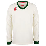 The Gray Nicolls Alvington & Woolaston CC Pro Performance Sweater is a cream cricket sweater with a dark green V-neck and cuffs, plus subtle red and black branding—ideal for club supporters.