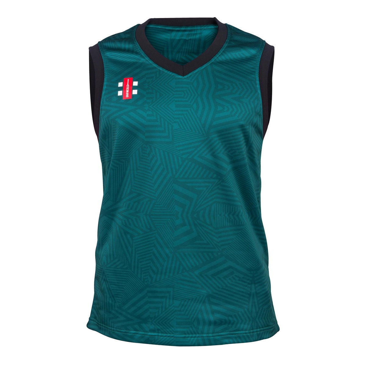 The Gray Nicolls Pro T20 Slipover is a sleeveless green sports top with black-trimmed collar and armholes, featuring a subtle geometric pattern and a small red and white logo on the left chest. Made from recycled polyester for comfort and sustainability.