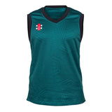 The Gray Nicolls Pro T20 Slipover is a sleeveless green sports top with black-trimmed collar and armholes, featuring a subtle geometric pattern and a small red and white logo on the left chest. Made from recycled polyester for comfort and sustainability.