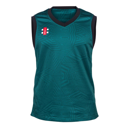 The Gray Nicolls Pro T20 Slipover is a sleeveless green sports top with black-trimmed collar and armholes, featuring a subtle geometric pattern and a small red and white logo on the left chest. Made from recycled polyester for comfort and sustainability.