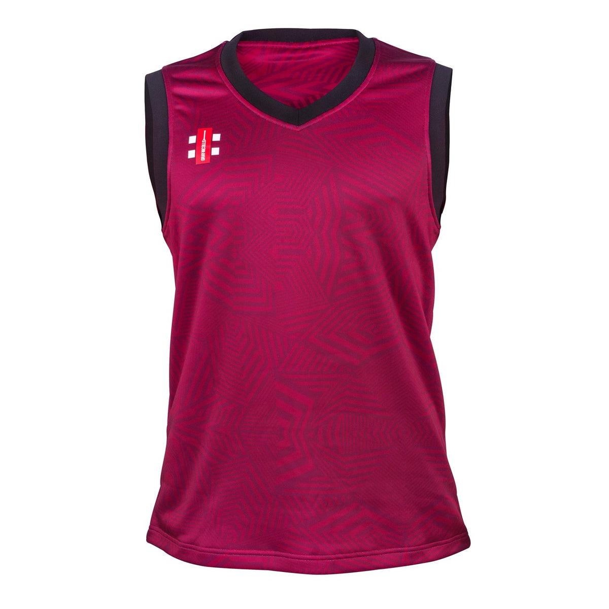 Maroon Gray Nicolls Pro T20 Slipover featuring a subtle geometric pattern, dark armhole trim, and a small white and red logo on the left chest, made from recycled polyester sportswear, displayed on a plain white background.