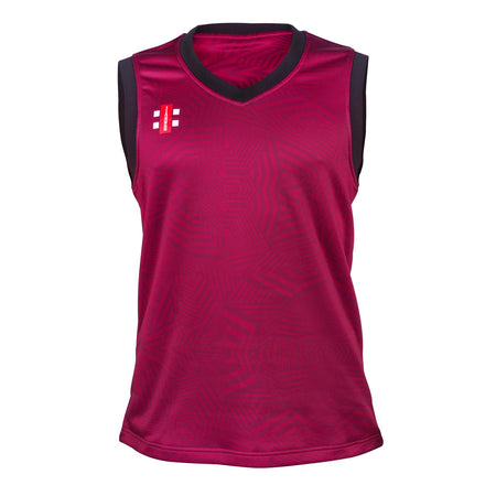 Maroon Gray Nicolls Pro T20 Slipover featuring a subtle geometric pattern, dark armhole trim, and a small white and red logo on the left chest, made from recycled polyester sportswear, displayed on a plain white background.