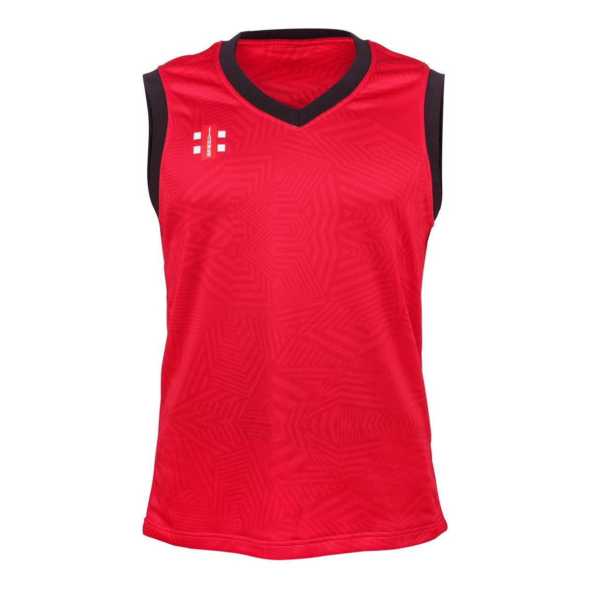 The Gray Nicolls Pro T20 Slipover is a sleeveless red sportswear top with black trim, a white logo on the upper left chest, and a subtle geometric pattern, crafted by Gray Nicolls for both performance and sustainability.