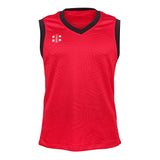 The Gray Nicolls Pro T20 Slipover is a sleeveless red sportswear top with black trim, a white logo on the upper left chest, and a subtle geometric pattern, crafted by Gray Nicolls for both performance and sustainability.