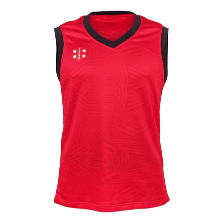 The Gray Nicolls Pro T20 Slipover is a sleeveless red sportswear top with black trim, a white logo on the upper left chest, and a subtle geometric pattern, crafted by Gray Nicolls for both performance and sustainability.