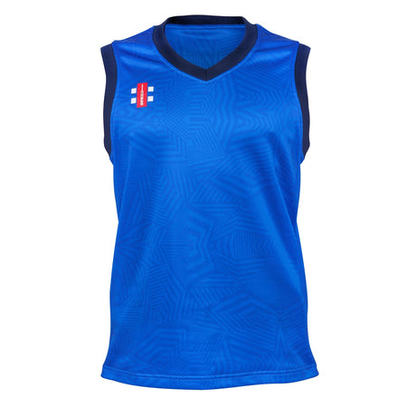 The Gray Nicolls Pro T20 Slipover is a royal blue sleeveless top with dark trim and a red and white logo on the left chest. Made from recycled polyester sportswear, it features a subtle geometric pattern for added style.