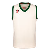 The Gray Nicolls Alvington & Woolaston CC Pro Performance Slipover is a sleeveless white sports jersey with dark green trim and dual logos on the chest, perfect as a cricket slipover for performance-focused players.