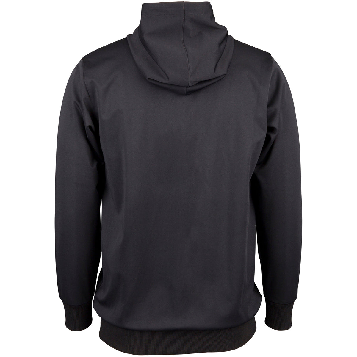 A plain black Gray Nicolls Afghan Youth Cricket Bristol CC Pro Performance Hoodie viewed from the back, featuring long sleeves, ribbed cuffs and waistband, with the hood up and no visible logos or designs.