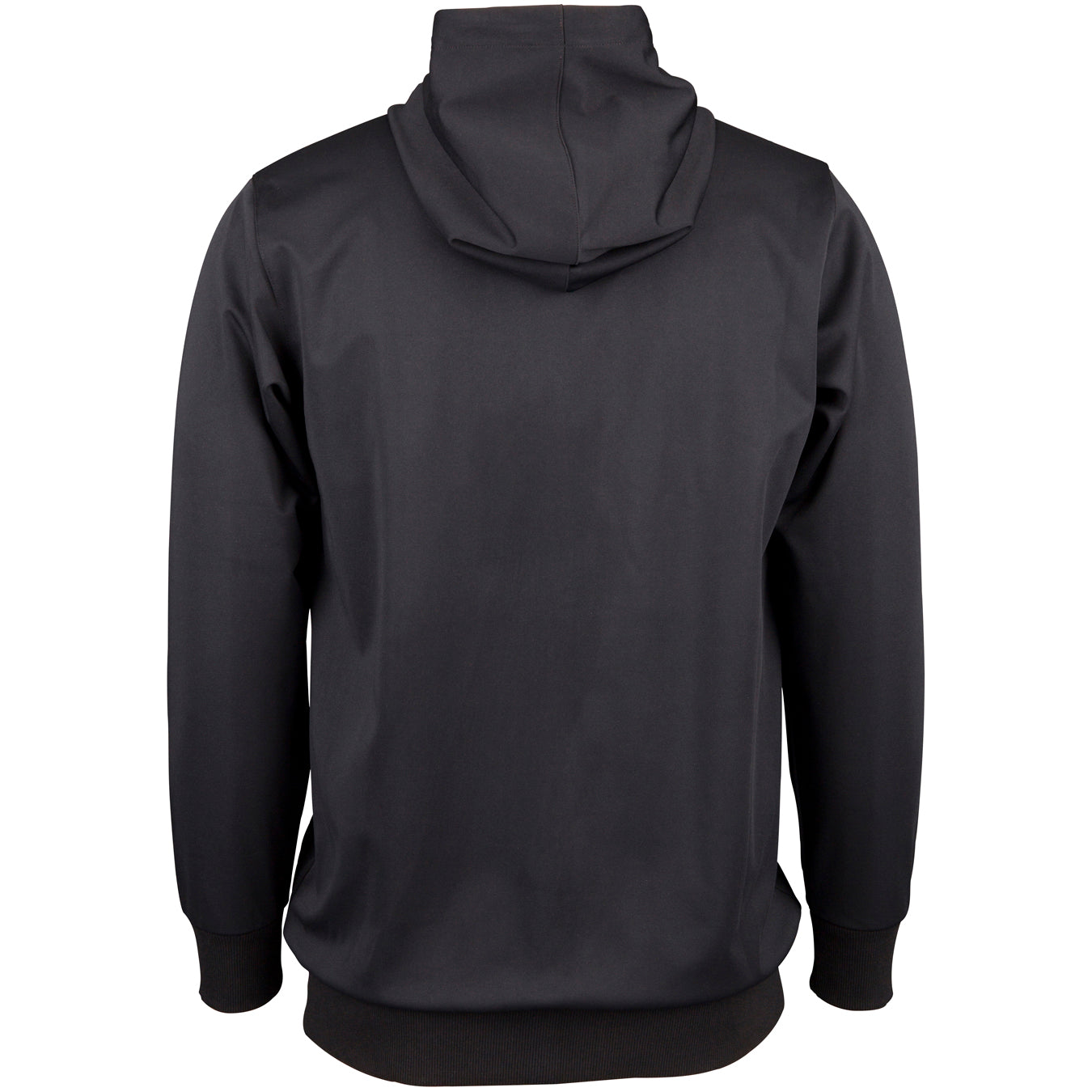 A plain black Gray Nicolls Afghan Youth Cricket Bristol CC Pro Performance Hoodie viewed from the back, featuring long sleeves, ribbed cuffs and waistband, with the hood up and no visible logos or designs.