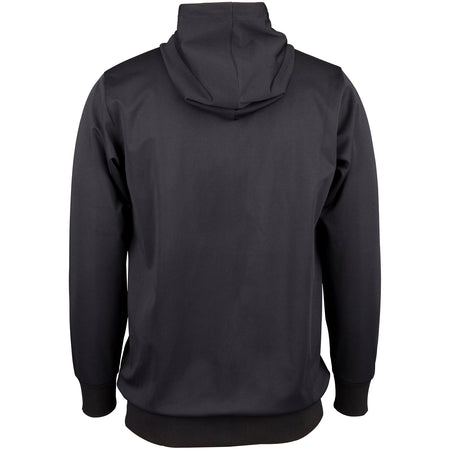 A plain black Gray Nicolls Afghan Youth Cricket Bristol CC Pro Performance Hoodie viewed from the back, featuring long sleeves, ribbed cuffs and waistband, with the hood up and no visible logos or designs.