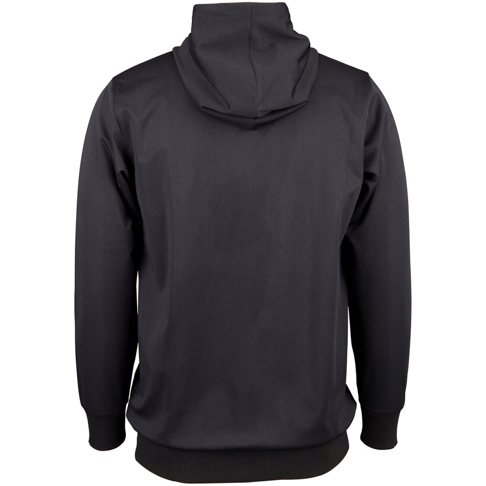 A plain black Gray Nicolls Afghan Youth Cricket Bristol CC Pro Performance Hoodie viewed from the back, featuring long sleeves, ribbed cuffs and waistband, with the hood up and no visible logos or designs.