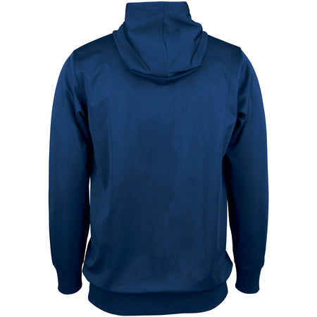 A plain dark blue polyester hooded top by Gray Nicolls, shown from the back with long sleeves, ribbed cuffs, and a relaxed fit—ideal for fans of the Arcadians Nine Elms CC Pro Performance Hooded Top.