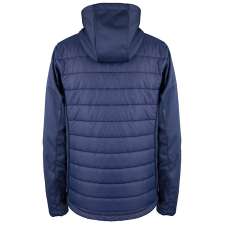 A navy blue Gray Nicolls Winchcombe CC Pro Performance Full Zip Jacket, shown from the back, features a hood, water-repellent fabric, horizontal quilting, long sleeves, and smooth-textured shoulders and sides.
