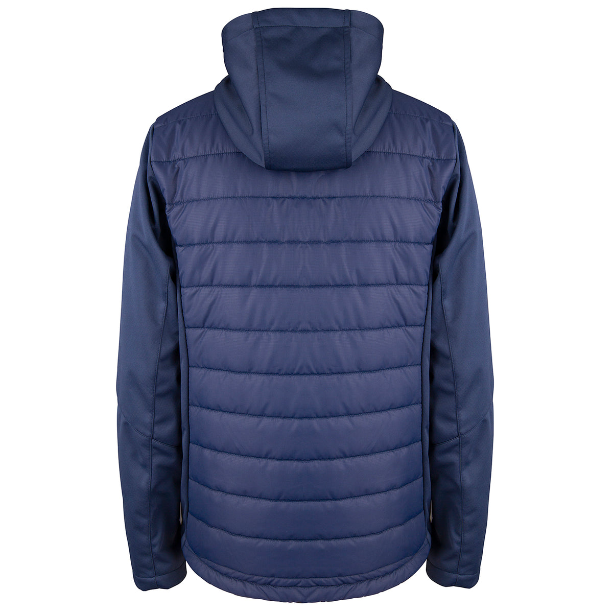 A back view of the Gray Nicolls Heavy Rollers CC Pro Performance Full Zip Jacket in navy blue. This hooded, water-repellent jacket features horizontal quilting and long sleeves for smooth, slightly padded all-weather comfort.