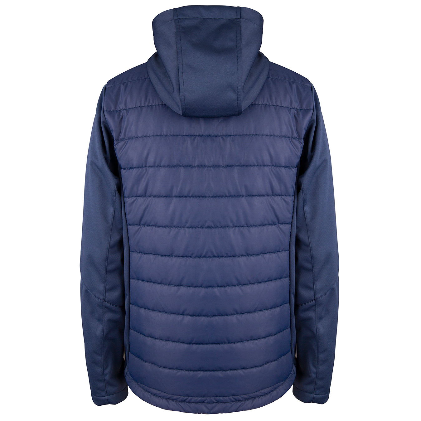 A back view of the Gray Nicolls Heavy Rollers CC Pro Performance Full Zip Jacket in navy blue. This hooded, water-repellent jacket features horizontal quilting and long sleeves for smooth, slightly padded all-weather comfort.