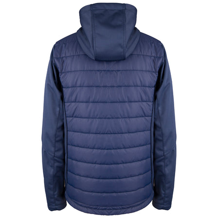 A back view of the Gray Nicolls Heavy Rollers CC Pro Performance Full Zip Jacket in navy blue. This hooded, water-repellent jacket features horizontal quilting and long sleeves for smooth, slightly padded all-weather comfort.
