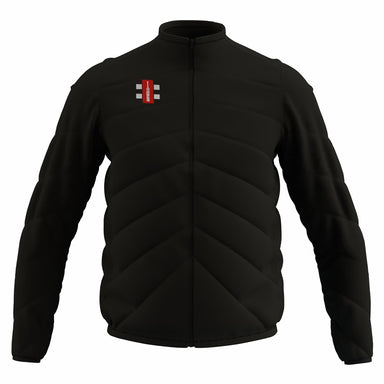 The Gray Nicolls GTS Full Zip Jacket is a black, quilted, padded jacket with long sleeves, a full front zipper, and a small red and white geometric logo on the left chest.