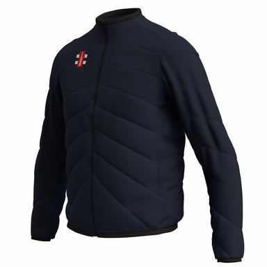 The Gray Nicolls GTS Full Zip Jacket by Gray Nicolls is a dark navy, water-repellent padded jacket with a small red and white logo on the left chest, chevron stitching, and a standing collar for warmth and style.