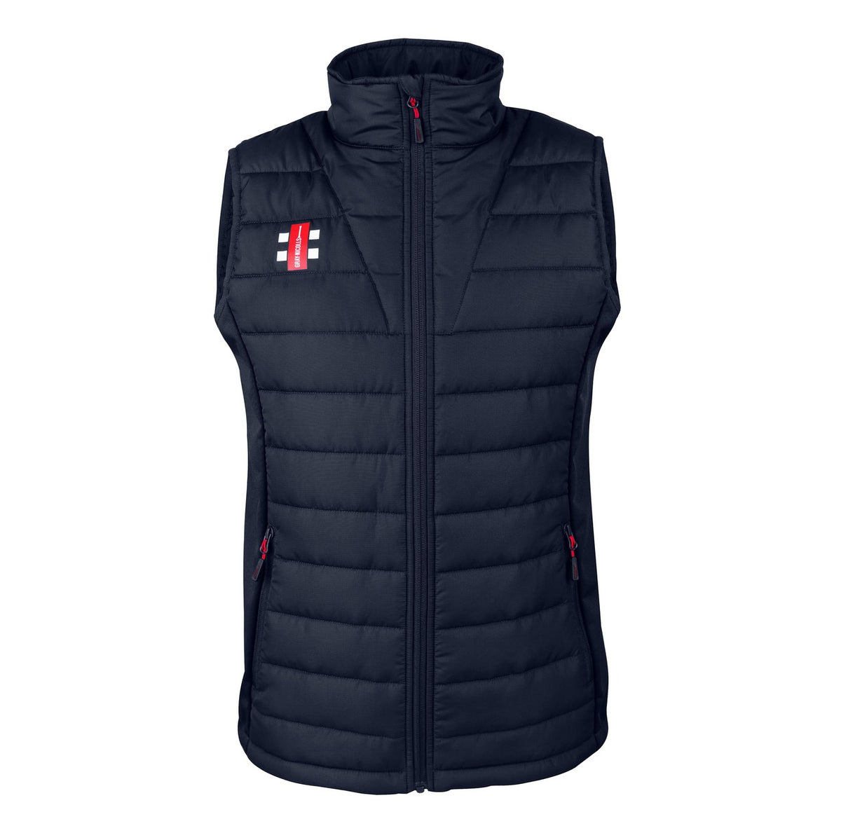 The Gray Nicolls Pro Performance Bodywarmer is a sleeveless black vest made from recycled polyester, featuring a front zipper, zipped side pockets, a small logo on the left chest, a high collar, and a stylish quilted design.