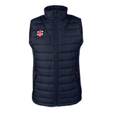 The Gray Nicolls Pro Performance Bodywarmer is a sleeveless black vest made from recycled polyester, featuring a front zipper, zipped side pockets, a small logo on the left chest, a high collar, and a stylish quilted design.