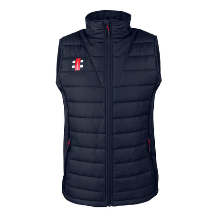 The Gray Nicolls Pro Performance Bodywarmer is a sleeveless black vest made from recycled polyester, featuring a front zipper, zipped side pockets, a small logo on the left chest, a high collar, and a stylish quilted design.