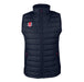 The Gray Nicolls Pro Performance Bodywarmer is a sleeveless black vest made from recycled polyester, featuring a front zipper, zipped side pockets, a small logo on the left chest, a high collar, and a stylish quilted design.