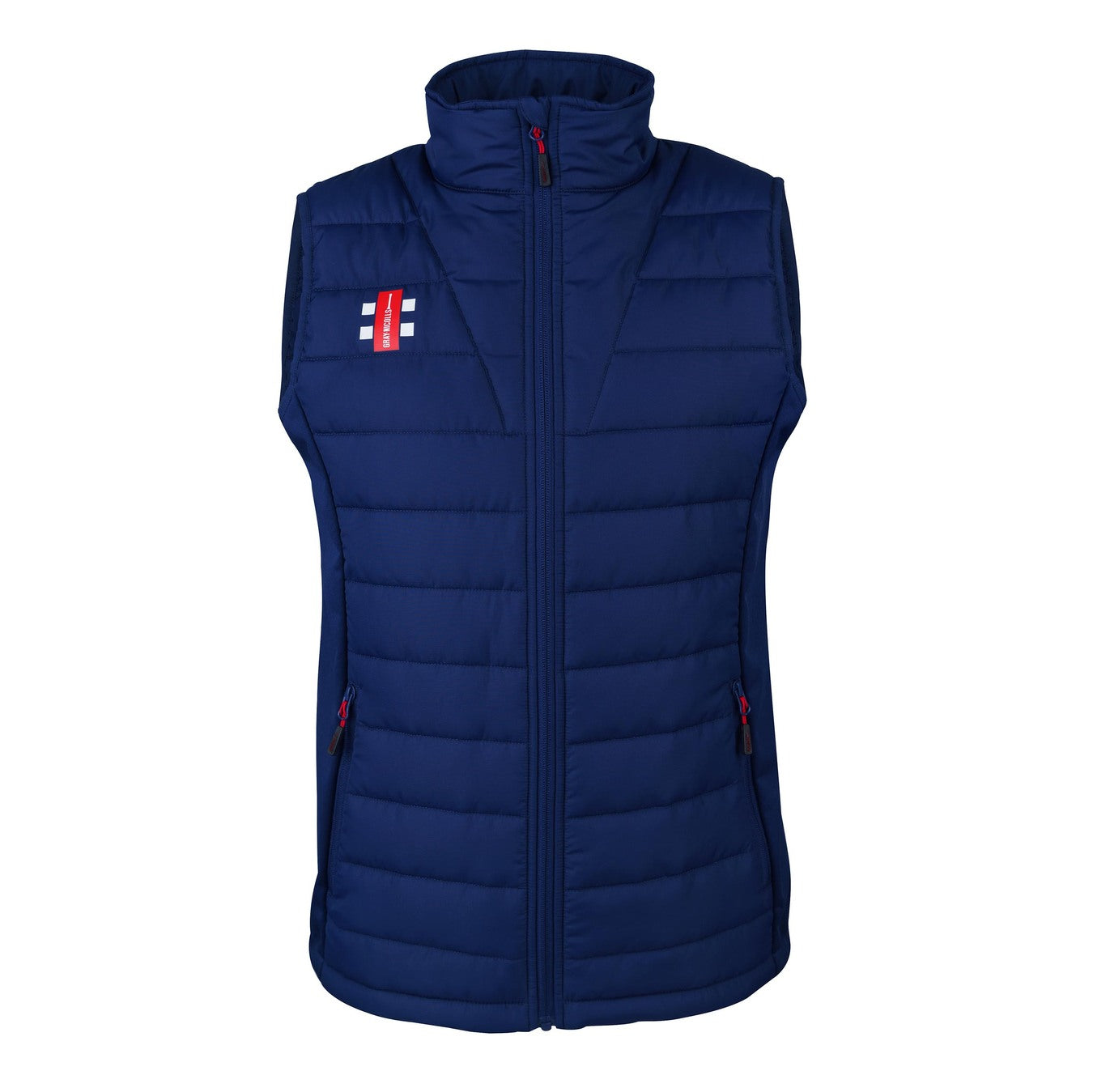 The Gray Nicolls Pro Performance Bodywarmer is a sleeveless, padded navy blue cricket vest with a high collar, zip-up front, small red-and-white logo on the left chest, water-repellent finish, horizontal quilting, and two zippered side pockets.