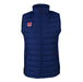 The Gray Nicolls Bushley CC Pro Performance Bodywarmer is a sleeveless navy blue cricket vest with a high collar, front zip, two zipped side pockets, and a small red, white, and blue logo on the left chest for functional style.