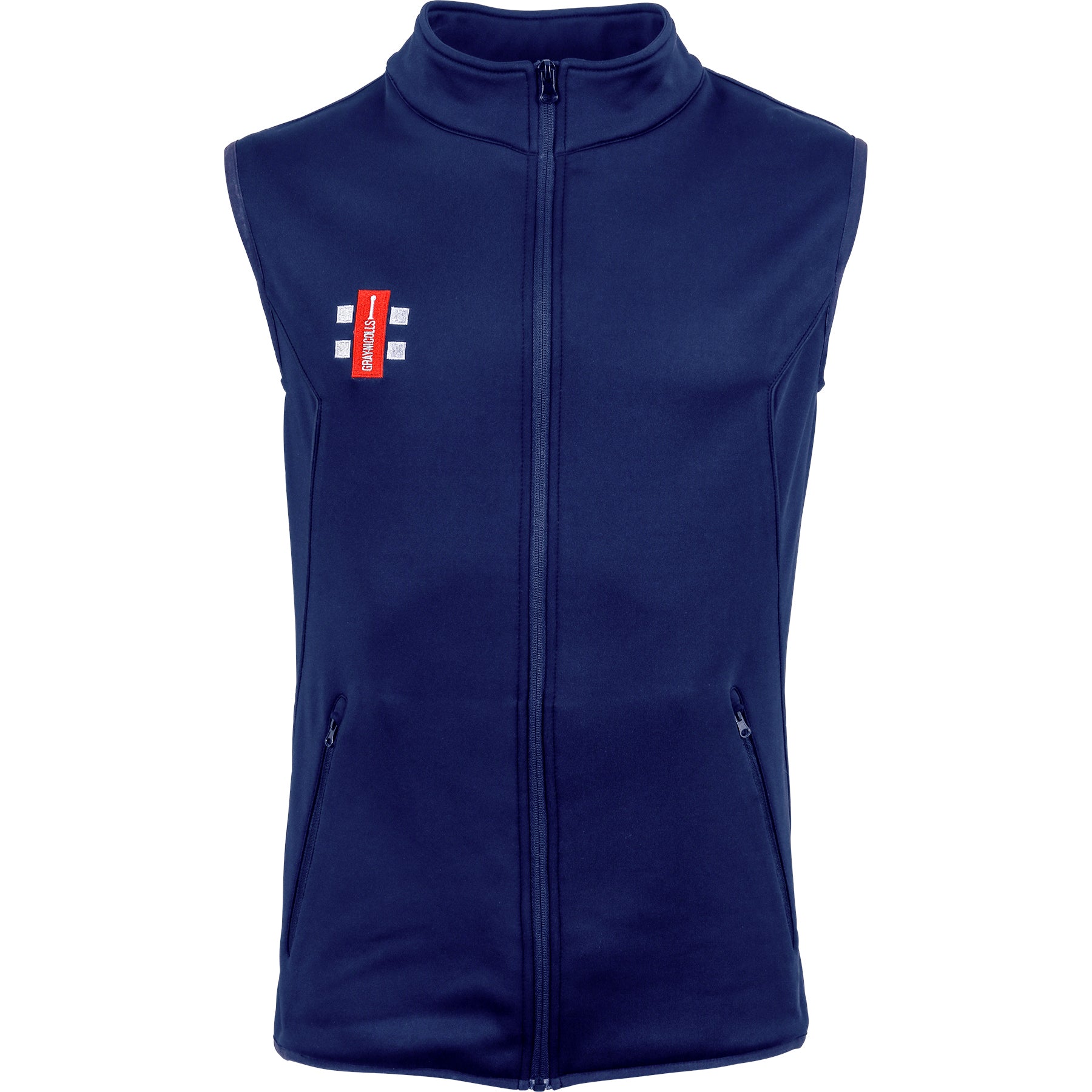 The Gray Nicolls Storm Thermo Bodywarmer is a navy blue sleeveless zip-up vest with a high collar, two zippered pockets, and a small red and white rectangular logo—ideal as a mid layer fleece or stylish fleece gilet.