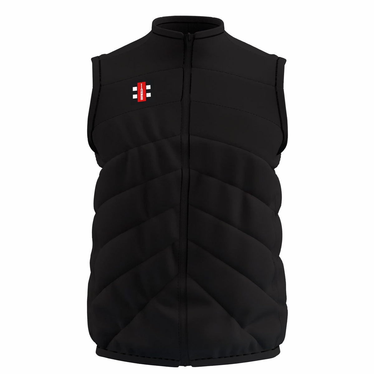 The Gray Nicolls GTS Body Warmer is a black, sleeveless puffer with a front zipper, diagonal quilted stitching, water-repellent finish, and a small rectangular red, white, and black logo on the left chest.