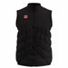 The Gray Nicolls GTS Body Warmer is a black, sleeveless puffer with a front zipper, diagonal quilted stitching, water-repellent finish, and a small rectangular red, white, and black logo on the left chest.