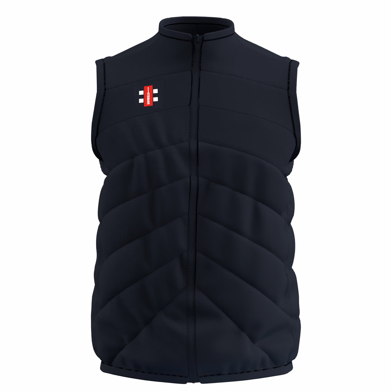 The Gray Nicolls Old Down CC GTS Body Warmer is a dark navy, sleeveless cricket vest with a front zipper, high collar, horizontal quilted stitching, and a small red, white, and black rectangular logo on the left chest. Lightweight comfort.