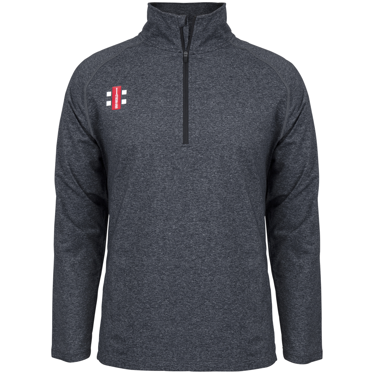 The Gray Nicolls Huntley CC Velocity Mid Layer is a dark gray, long-sleeve quarter-zip pullover featuring a small red and white logo on the left chest, moisture control, and stretch fit, shown on a plain white background.