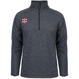 The Gray Nicolls Cam CC Velocity Mid Layer Black is a dark gray, long-sleeve quarter-zip pullover with a small white and red vertical bars-and-dots logo on the left chest. Stretch fit with moisture control ensures sporty, all-day comfort.