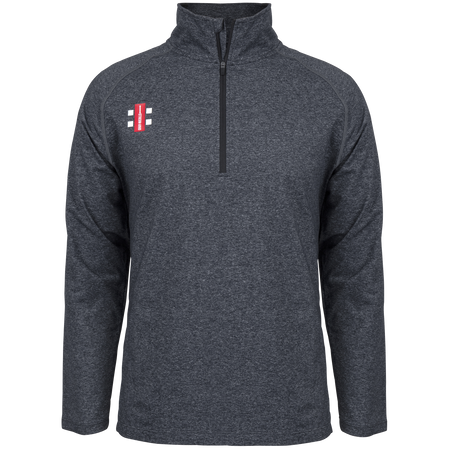 The Gray Nicolls Cam CC Velocity Mid Layer Black is a dark gray, long-sleeve quarter-zip pullover with a small white and red vertical bars-and-dots logo on the left chest. Stretch fit with moisture control ensures sporty, all-day comfort.