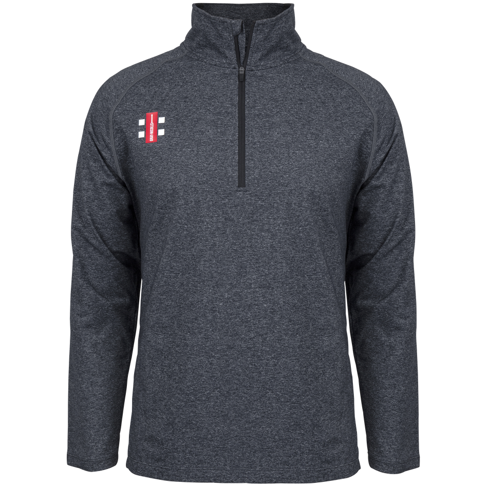 The Gray Nicolls Cam CC Velocity Mid Layer Black is a dark gray, long-sleeve quarter-zip pullover with a small white and red vertical bars-and-dots logo on the left chest. Stretch fit with moisture control ensures sporty, all-day comfort.