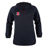 The Gray Nicolls Pro Performance V2 Hoodie by Gray Nicolls is a black athletic hoodie with long sleeves, black drawstrings, stretch fabric, and a small red and white rectangular logo on the left chest, shown on a white background.