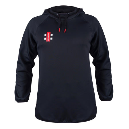 The Gray Nicolls Pro Performance V2 Hoodie by Gray Nicolls is a black athletic hoodie with long sleeves, black drawstrings, stretch fabric, and a small red and white rectangular logo on the left chest, shown on a white background.
