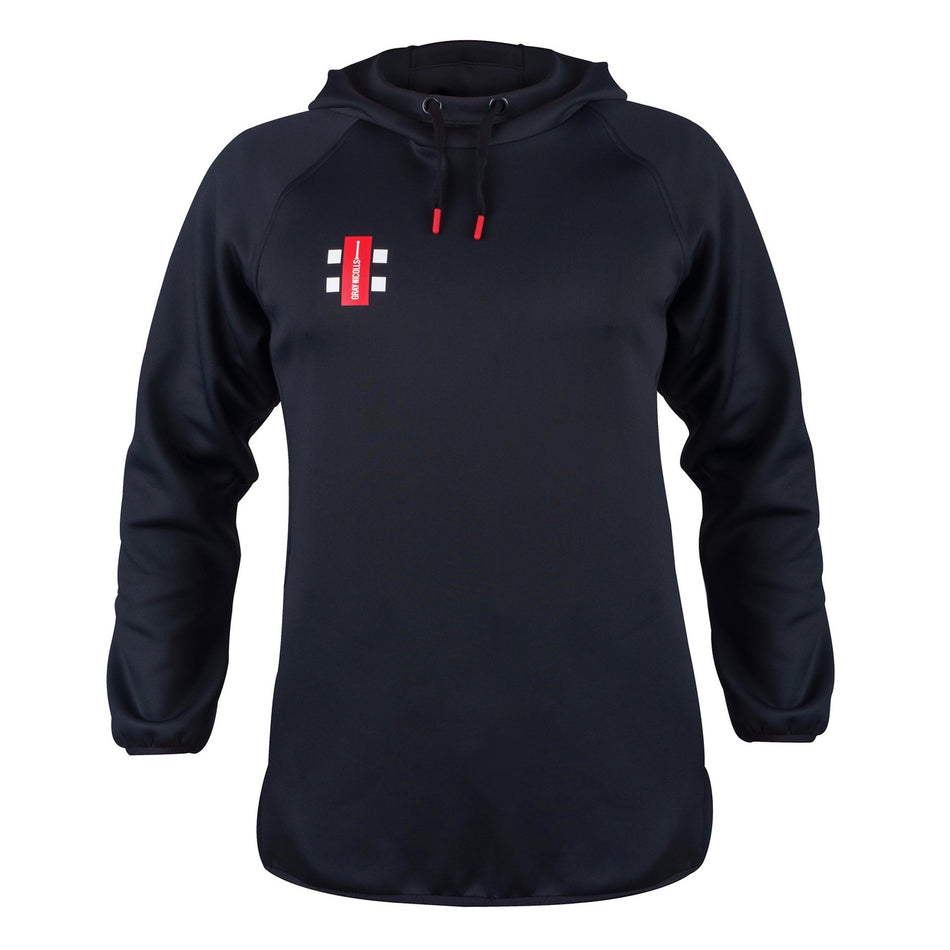 The Gray Nicolls Pro Performance V2 Hoodie by Gray Nicolls is a black athletic hoodie with long sleeves, black drawstrings, stretch fabric, and a small red and white rectangular logo on the left chest, shown on a white background.