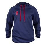 The Gray Nicolls Pro Performance V2 Hoodie by Gray Nicolls is a navy athletic hoodie with active stretch, red drawstrings, and a small red, white, and gray rectangular logo on the upper left chest.
