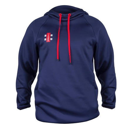 The Gray Nicolls Pro Performance V2 Hoodie by Gray Nicolls is a navy athletic hoodie with active stretch, red drawstrings, and a small red, white, and gray rectangular logo on the upper left chest.