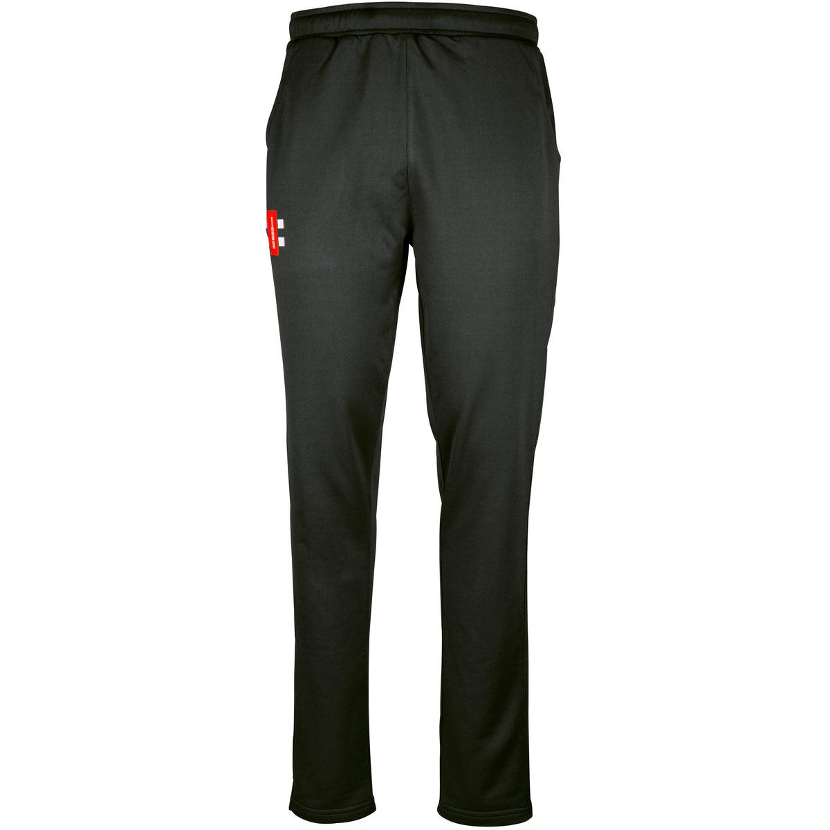 The Gray Nicolls Bartestree & Lugwardine CC Pro Performance Training Trousers are black, tailored-fit track pants with an elastic waistband, side pockets, and a small red and white design on the left thigh—perfect for cricket training.