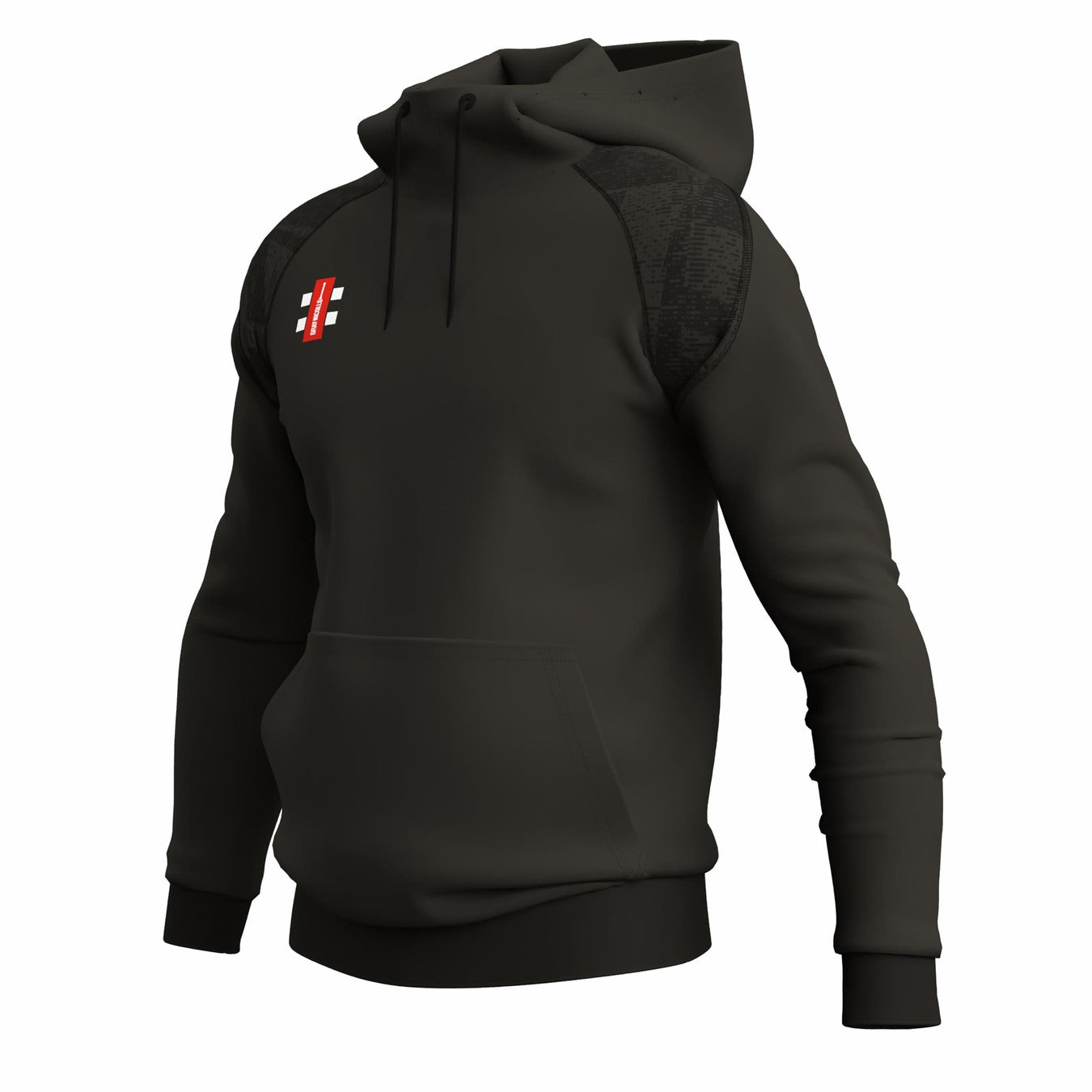 The Gray Nicolls GTS Junior Hoodie is a black technical hoodie with a front pocket, drawstring hood, and a small red and white rectangular logo on the left chest. Displayed on an invisible mannequin against a white background.
