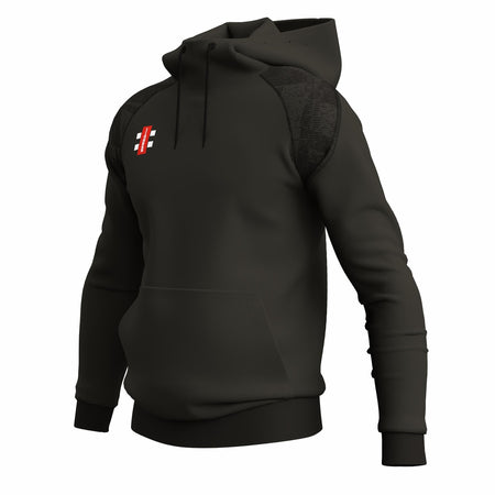The Gray Nicolls GTS Junior Hoodie is a black technical hoodie with a front pocket, drawstring hood, and a small red and white rectangular logo on the left chest. Displayed on an invisible mannequin against a white background.