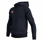 The Gray Nicolls GTS Mens Hoodie by Gray Nicolls is a dark navy technical hoodie with a front pocket, black textured shoulder panels, and a small red and white geometric logo on the left chest for moisture management, shown on a white background.