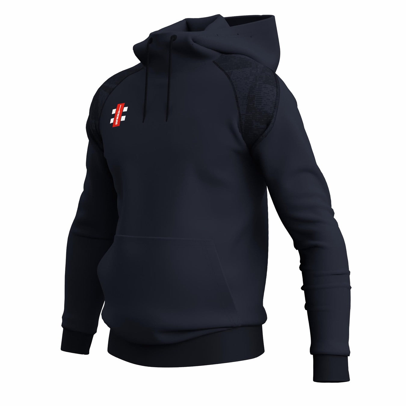 The Gray Nicolls GTS Mens Hoodie by Gray Nicolls is a dark navy technical hoodie with a front pocket, black textured shoulder panels, and a small red and white geometric logo on the left chest for moisture management, shown on a white background.