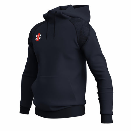 The Gray Nicolls GTS Mens Hoodie by Gray Nicolls is a dark navy technical hoodie with a front pocket, black textured shoulder panels, and a small red and white geometric logo on the left chest for moisture management, shown on a white background.