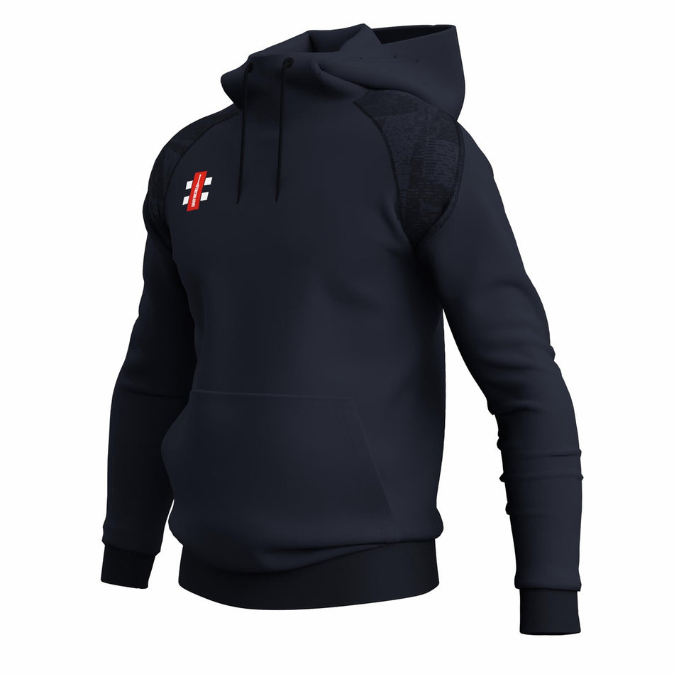 The Gray Nicolls GTS Junior Hoodie by Gray Nicolls is a dark navy technical hoodie with textured shoulder panels, long sleeves, and a small red and white rectangular logo on the left chest for a sleek, modern style.