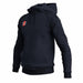 The Gray Nicolls GTS Junior Hoodie by Gray Nicolls is a dark navy technical hoodie with textured shoulder panels, long sleeves, and a small red and white rectangular logo on the left chest for a sleek, modern style.